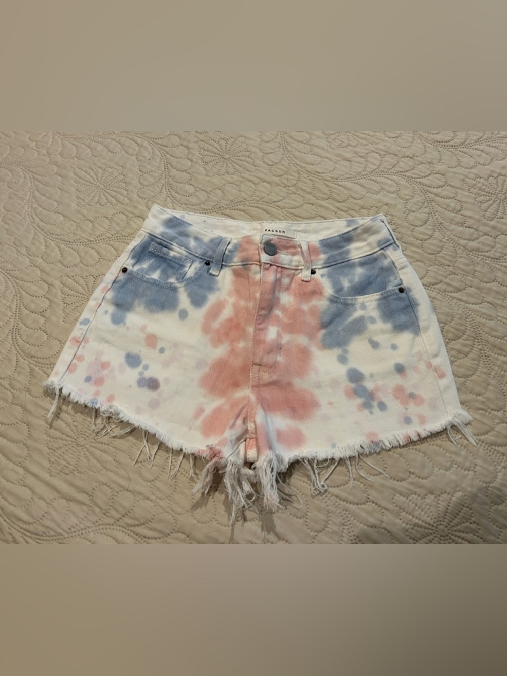 PacSun High Rise Festival White, Pink, Blue Tie-Dye Denim Cutoff Shorts, Size 24
